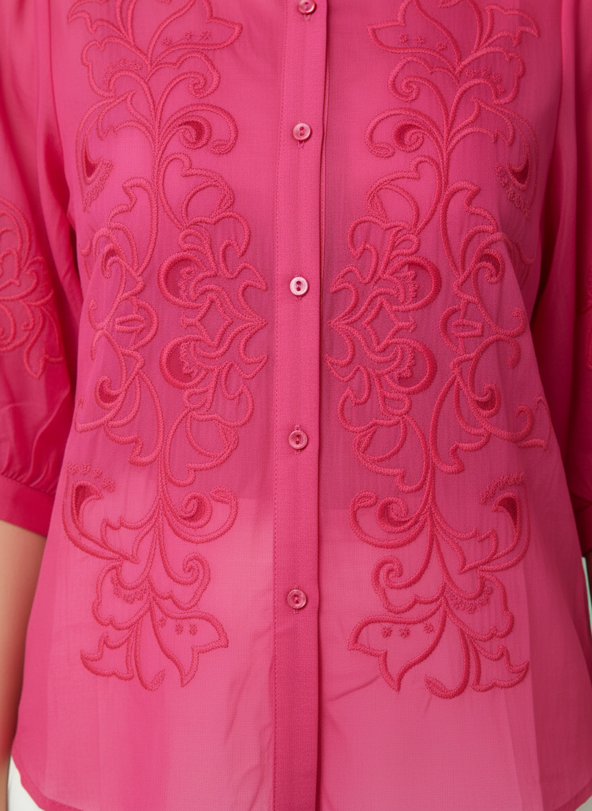 Fuchsia Floral Embroidered Mandarin Blouse