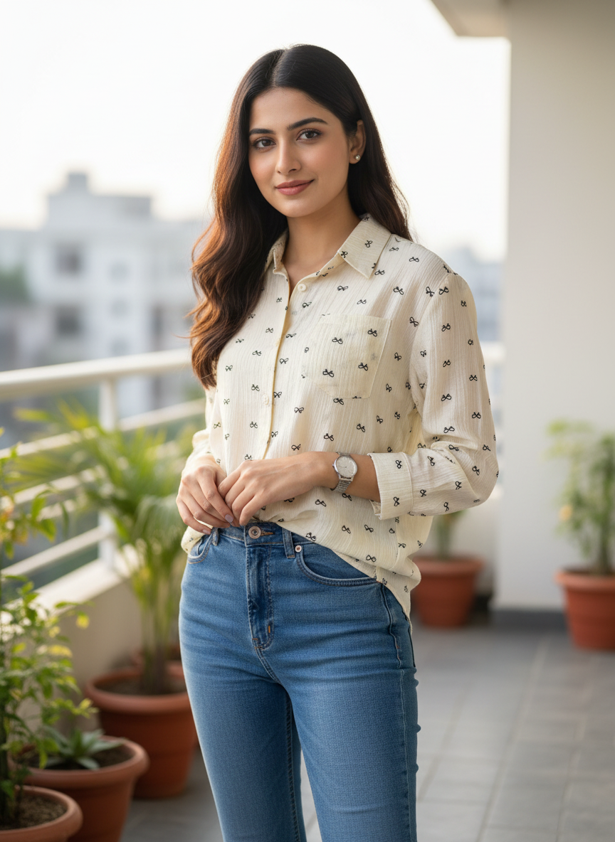 Petite Bow Embroidered Muslin Shirt