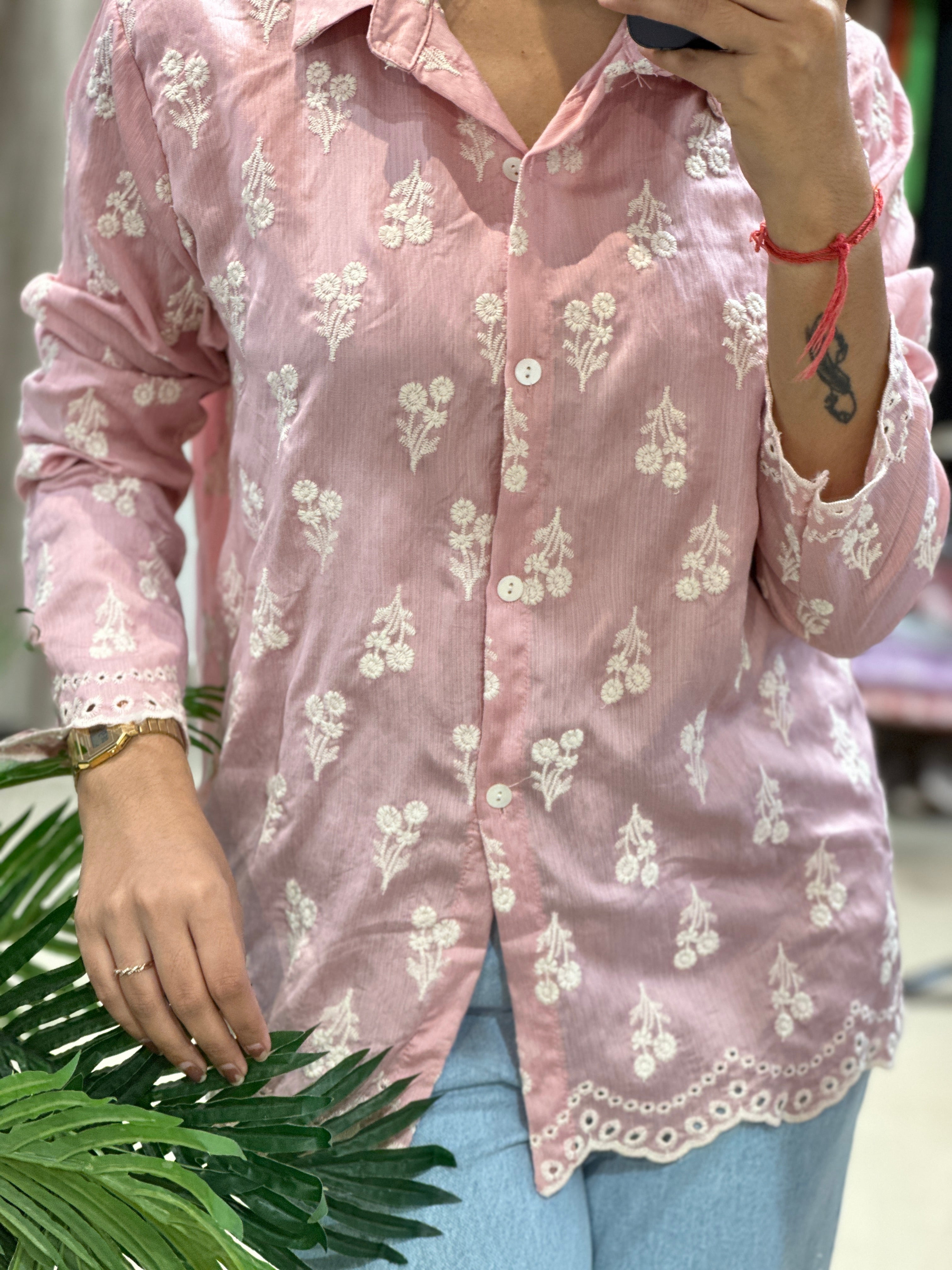 Linen Silk Threadwork shirt- Baby Pink