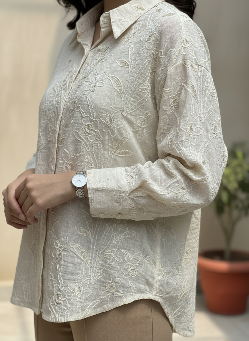 Vanilla Bloom Embroidered Button-Down