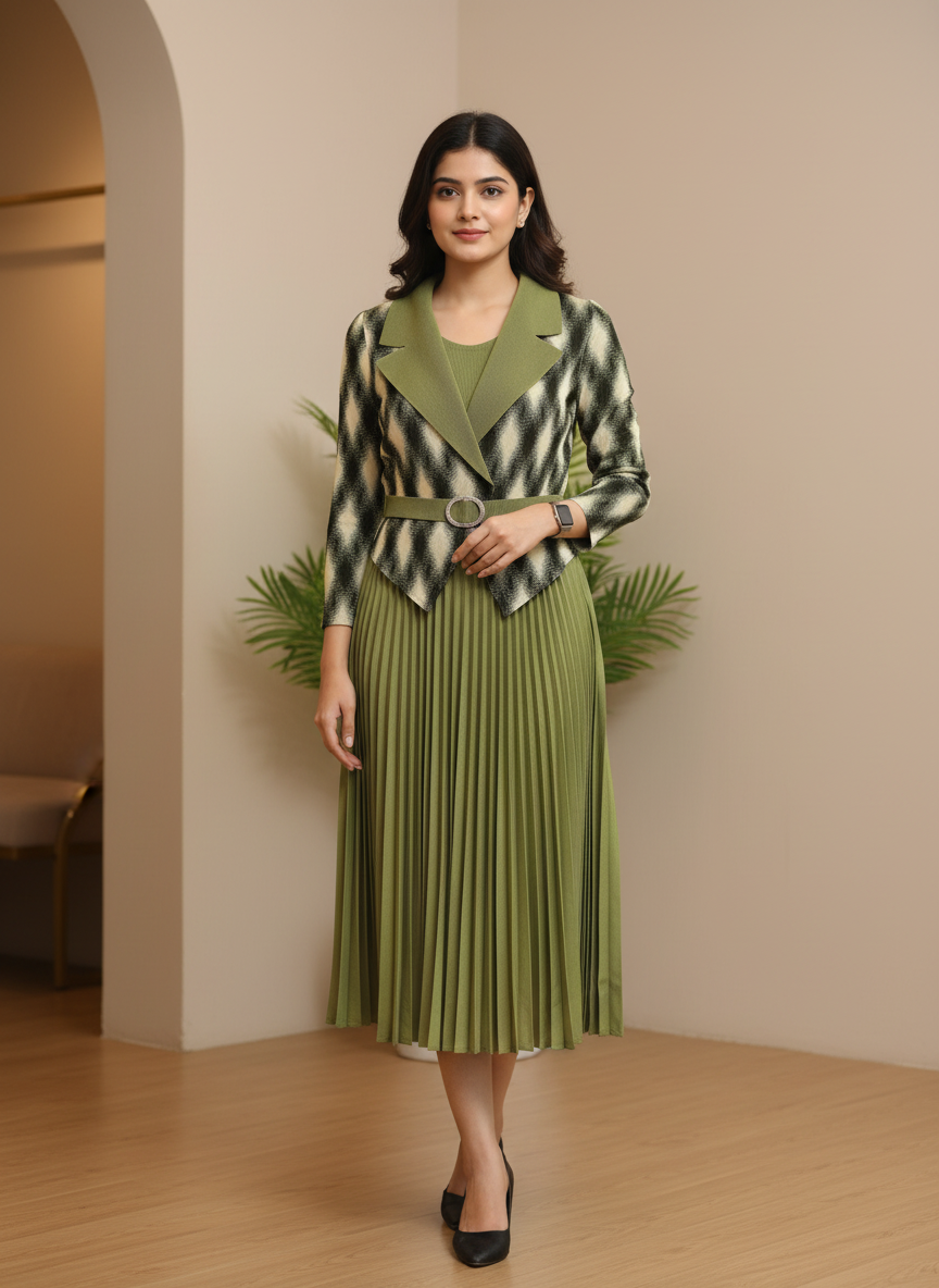 Olive Pleated Midi Dress with Geometric Jacket Overlay