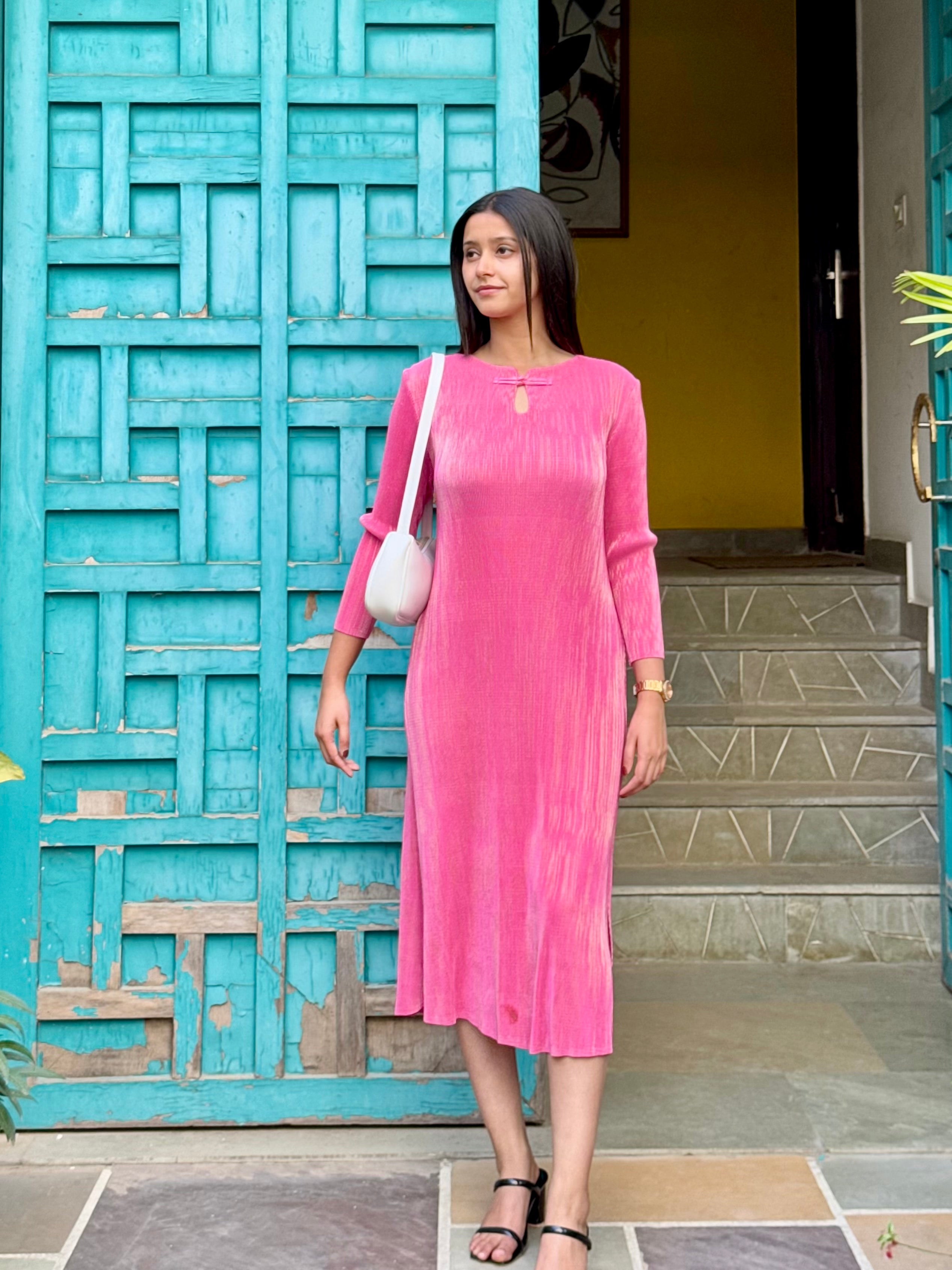 Tia Metallic Dress- Pink