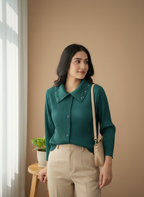 Esme Pearl-Embellished Plissé Cardigan – Deep Emerald
