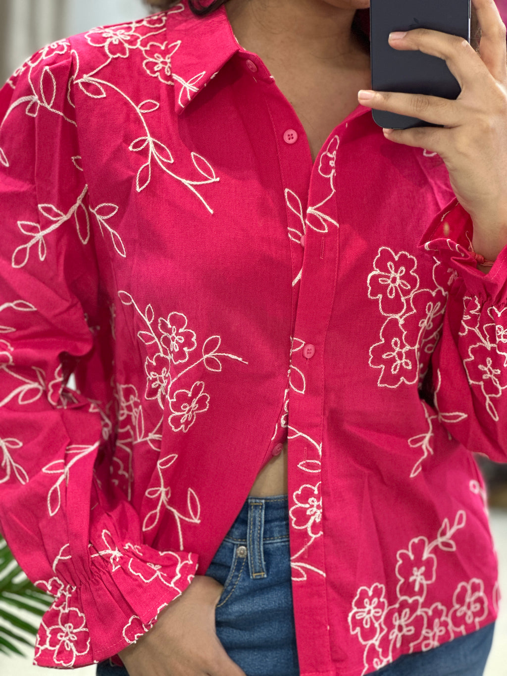 Linen Khadi Shirt- Hot Pink