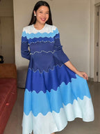 Blue Ripple Pleated Midi Dress