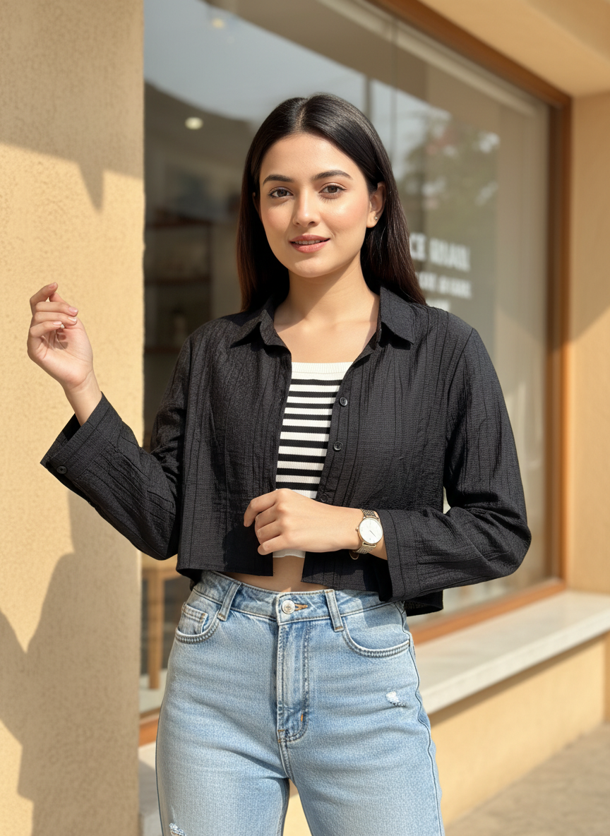 Onyx Crinkle-Textured Cropped Top