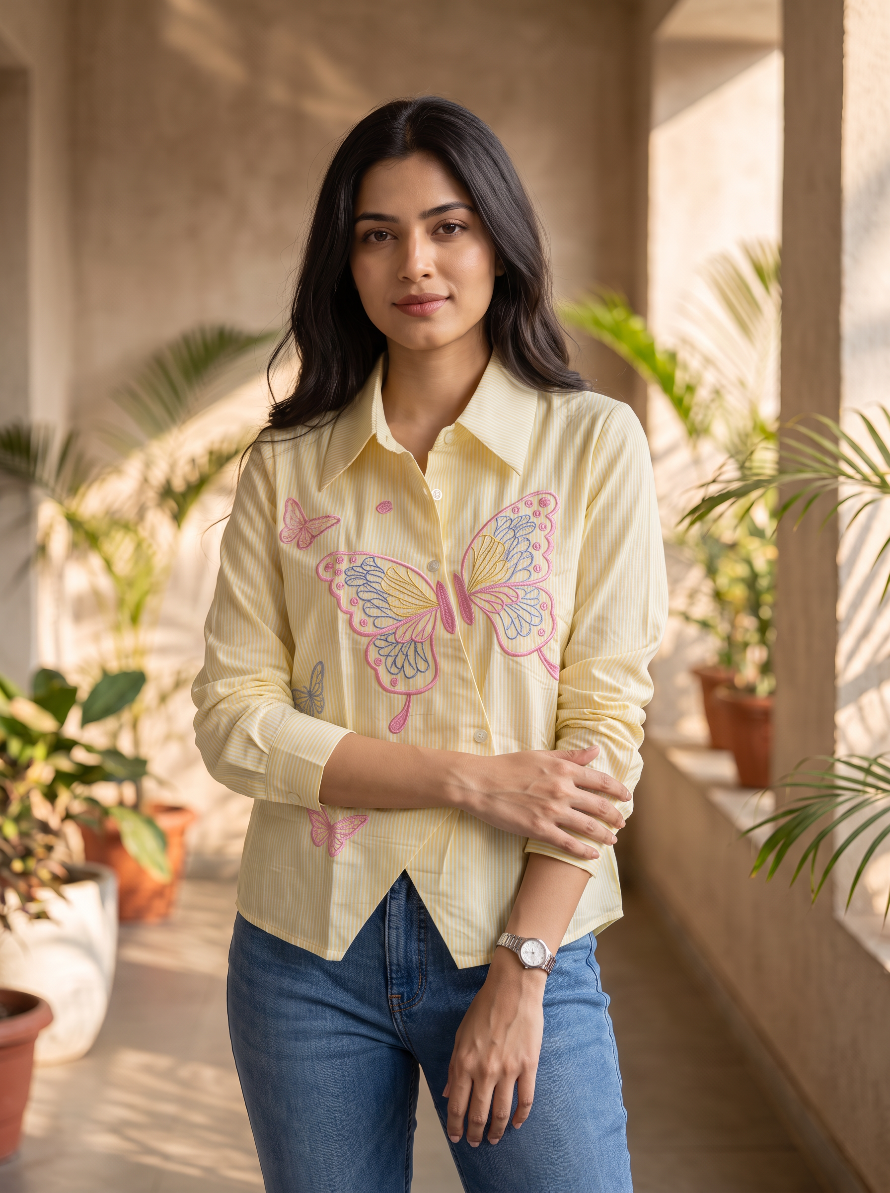 Striped Butterfly Embroidered Shirt