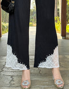 The Elara Lace-Trim Pleated Set- Black