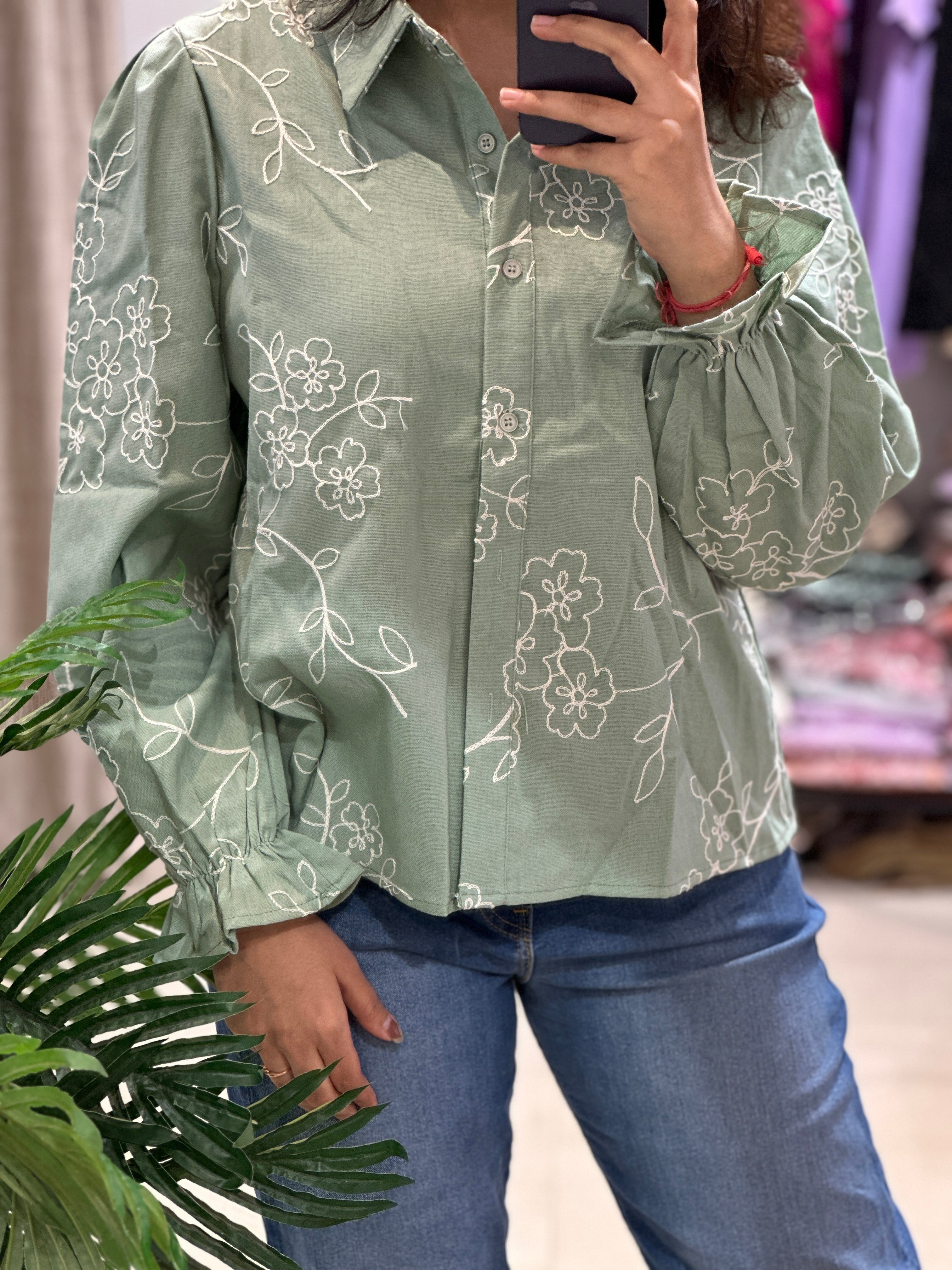 Olive Threadwork Linen Shirt