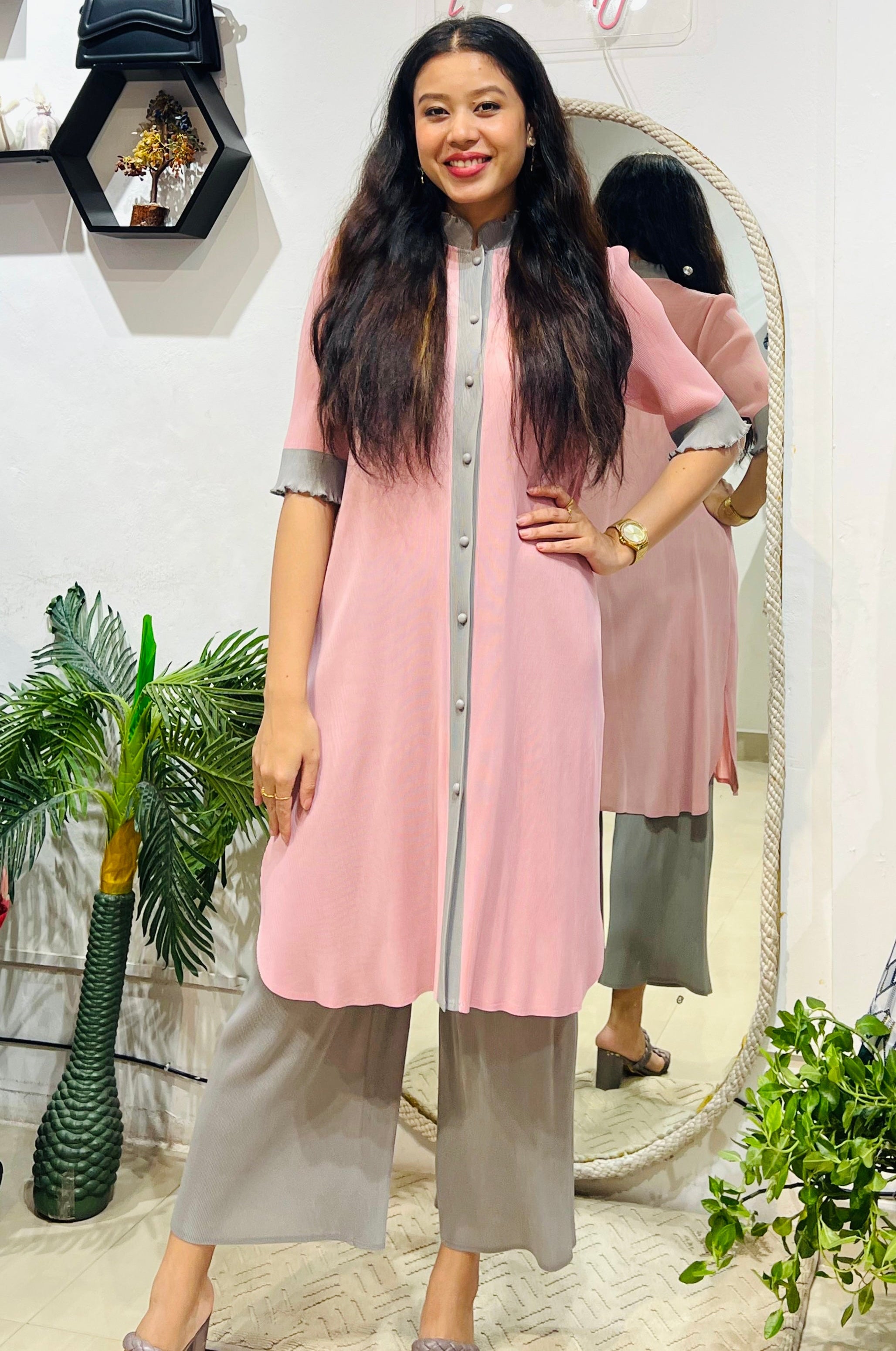 Mauve & Slate: Dual-Tone Mandrin Pleated Co-ord Set