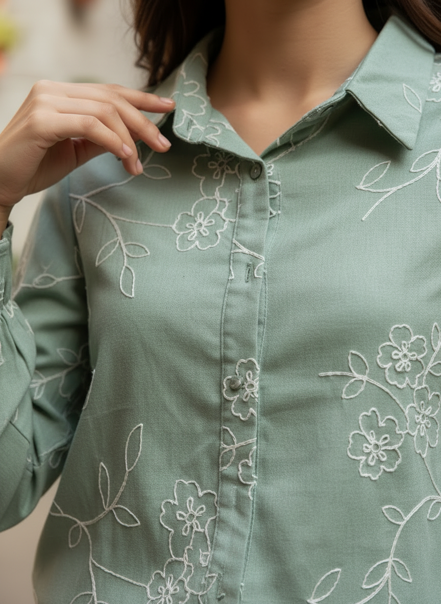 Flora Embroidered Sage Button-Down