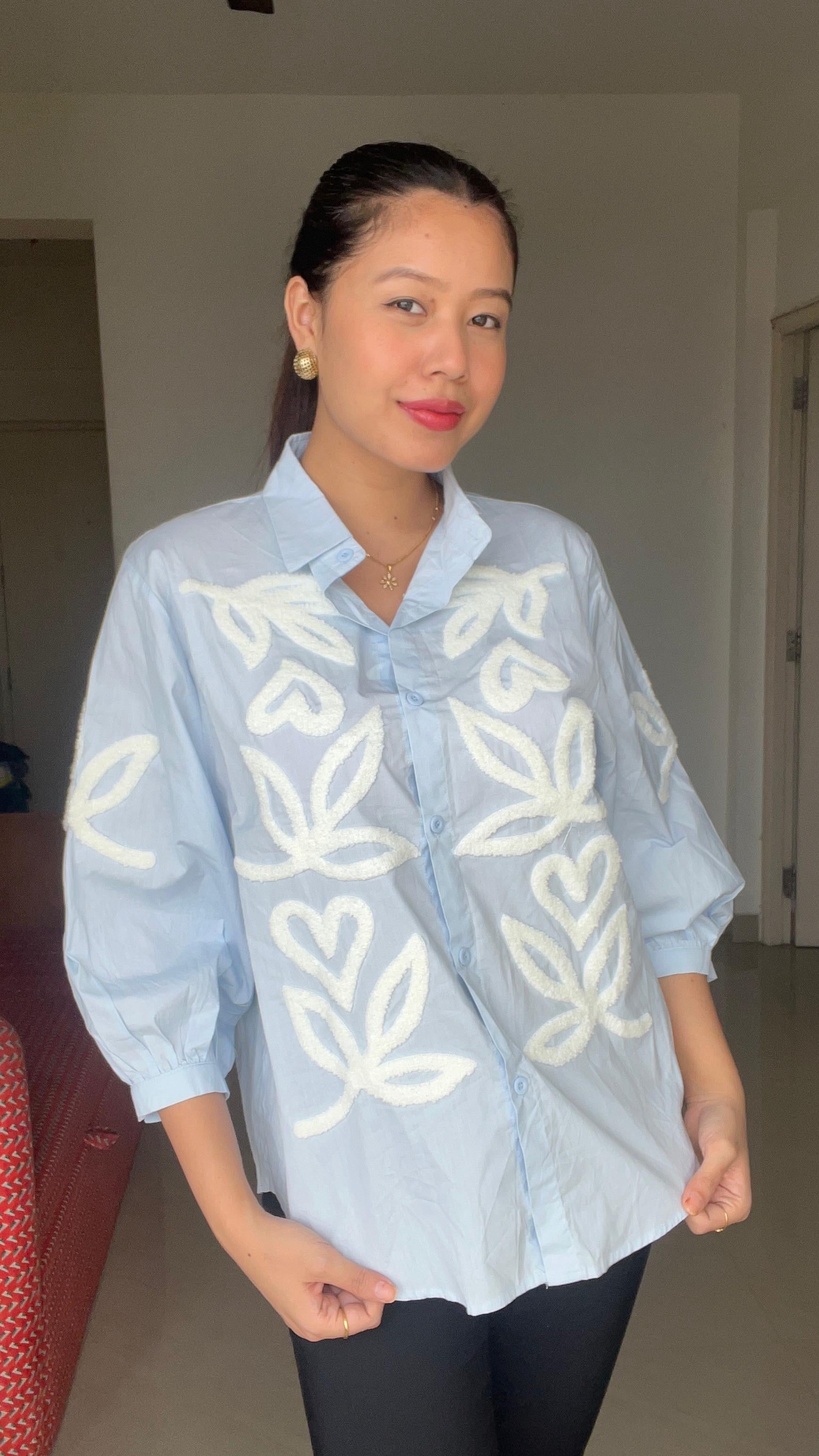 Ice Blue Textured Appliqué Shirt