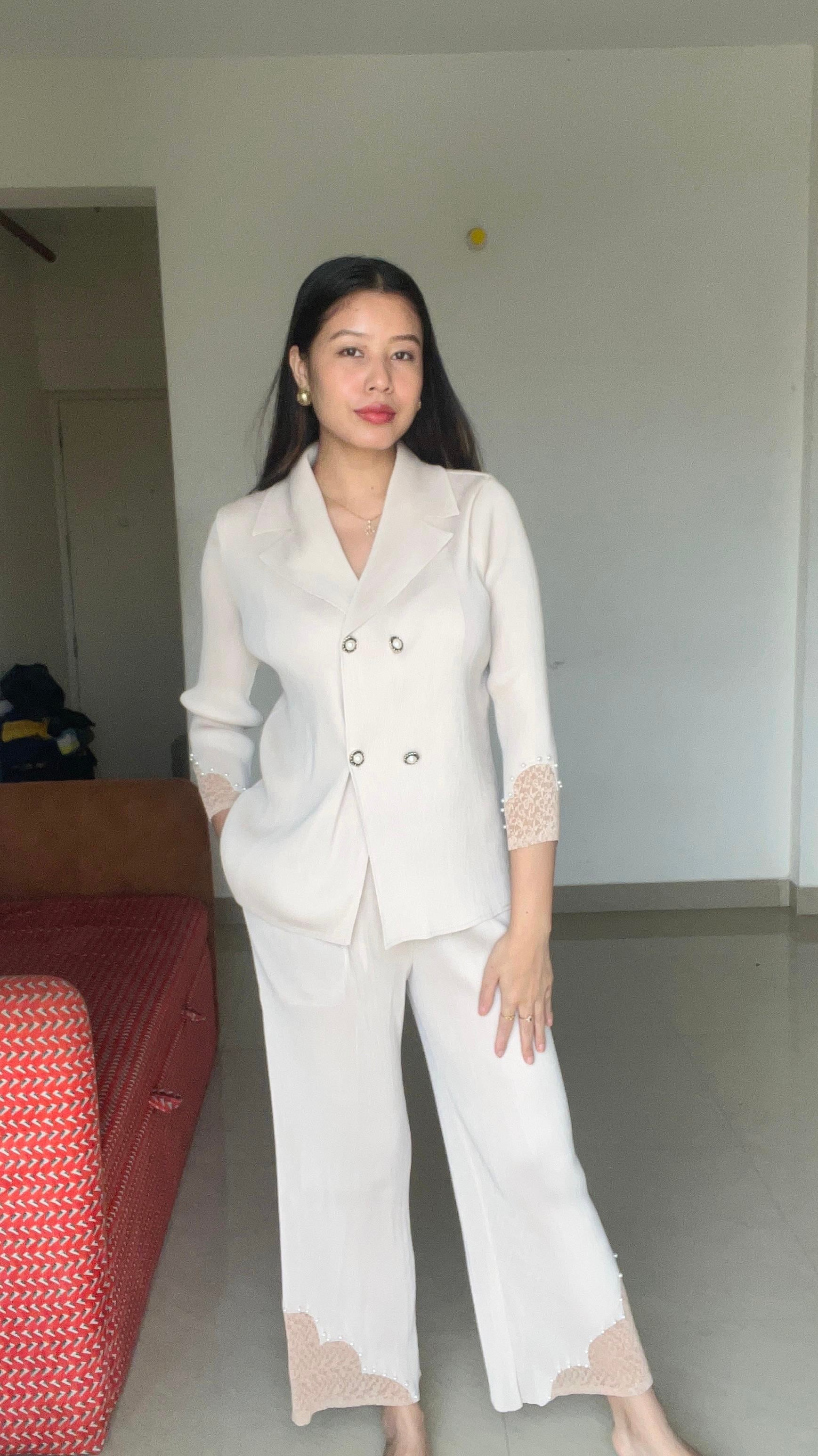 The Elara Lace-Trim Pleated Suit Set