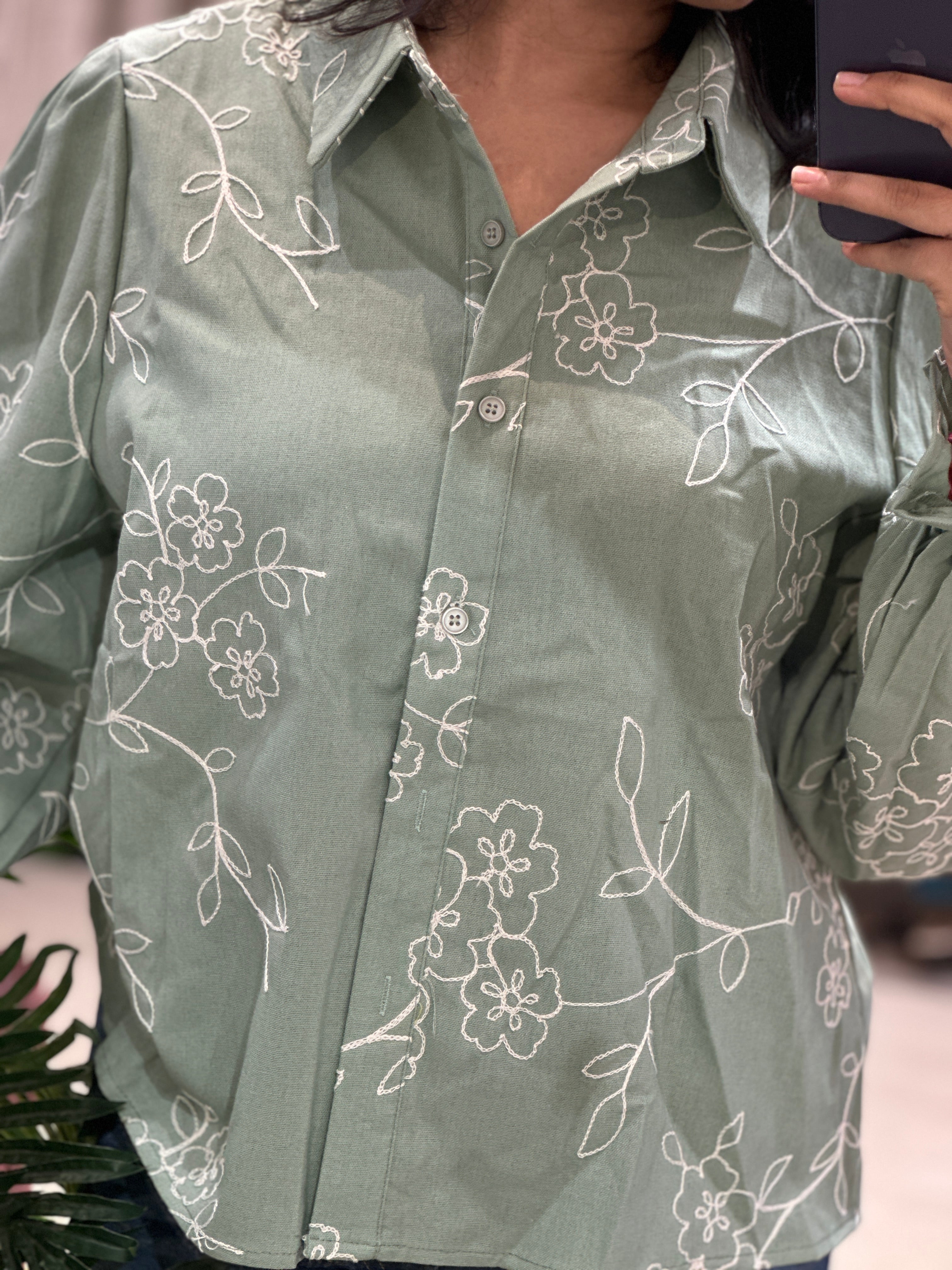 Olive Threadwork Linen Shirt