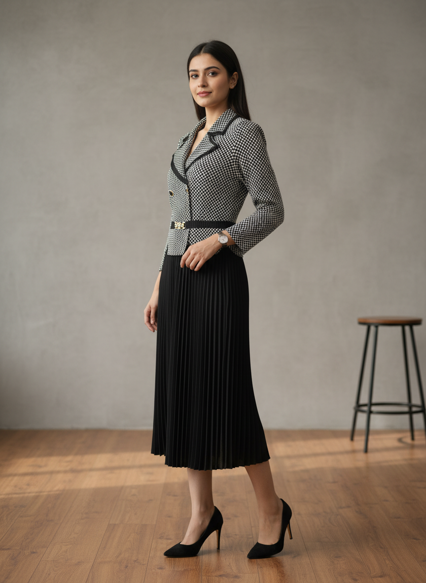 Monochrome Blazer-Style Pleated Midi Dress
