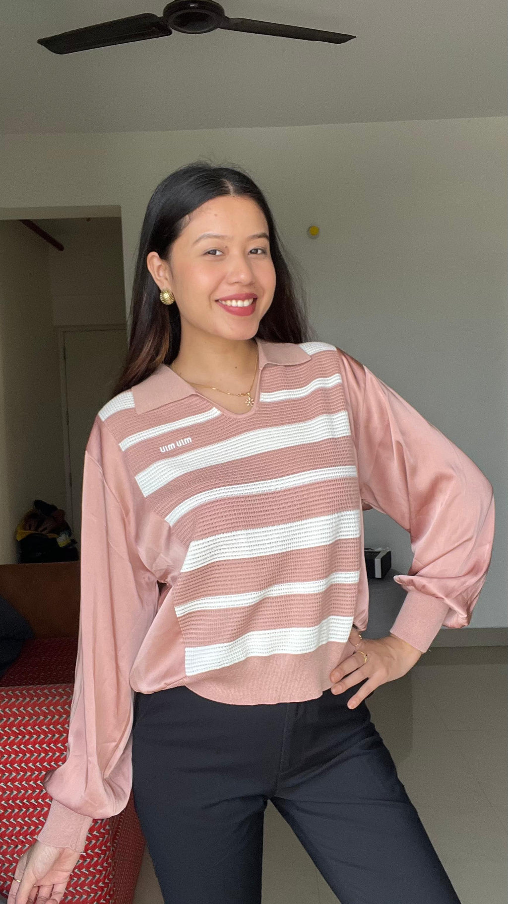 Rosé Striped Polo Knit Blouse