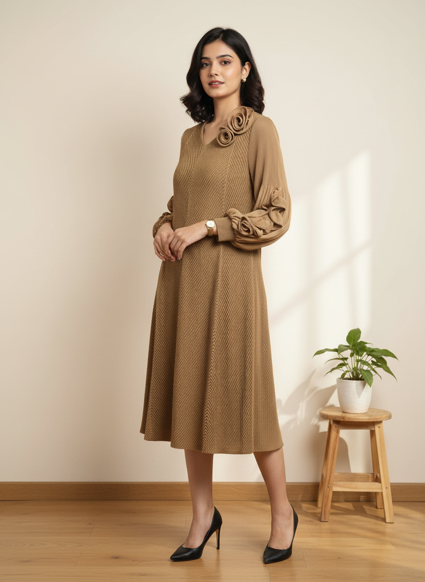 Toffee Petal Pleat Dress