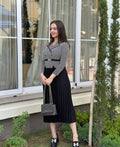 Monochrome Blazer-Style Pleated Midi Dress