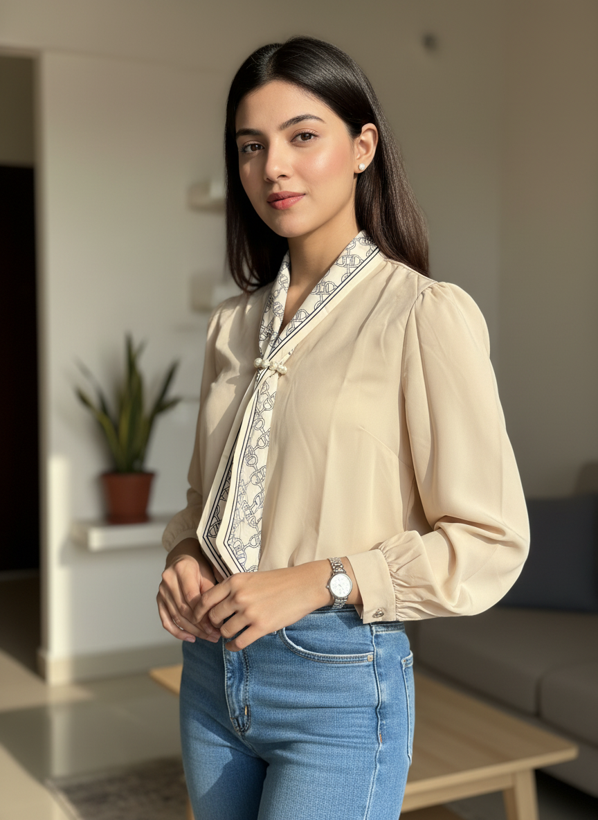 Women's Scarf-Tie V-Neck Blouse with Pearl Brooch Detail