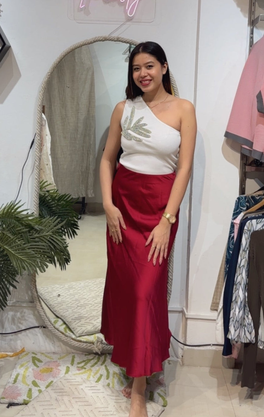 The "Ruby Radiance" Satin Maxi Skirt