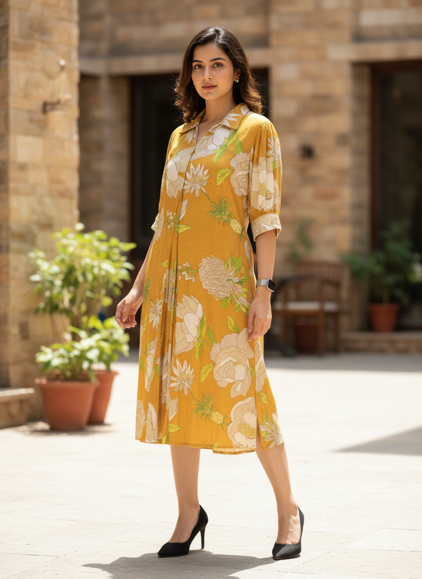 Sun-Drenched Mustard Floral Midi Dress