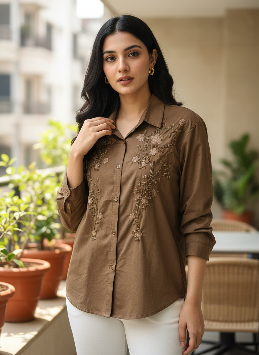 The Mocha Bloom Seed Bead Shirt