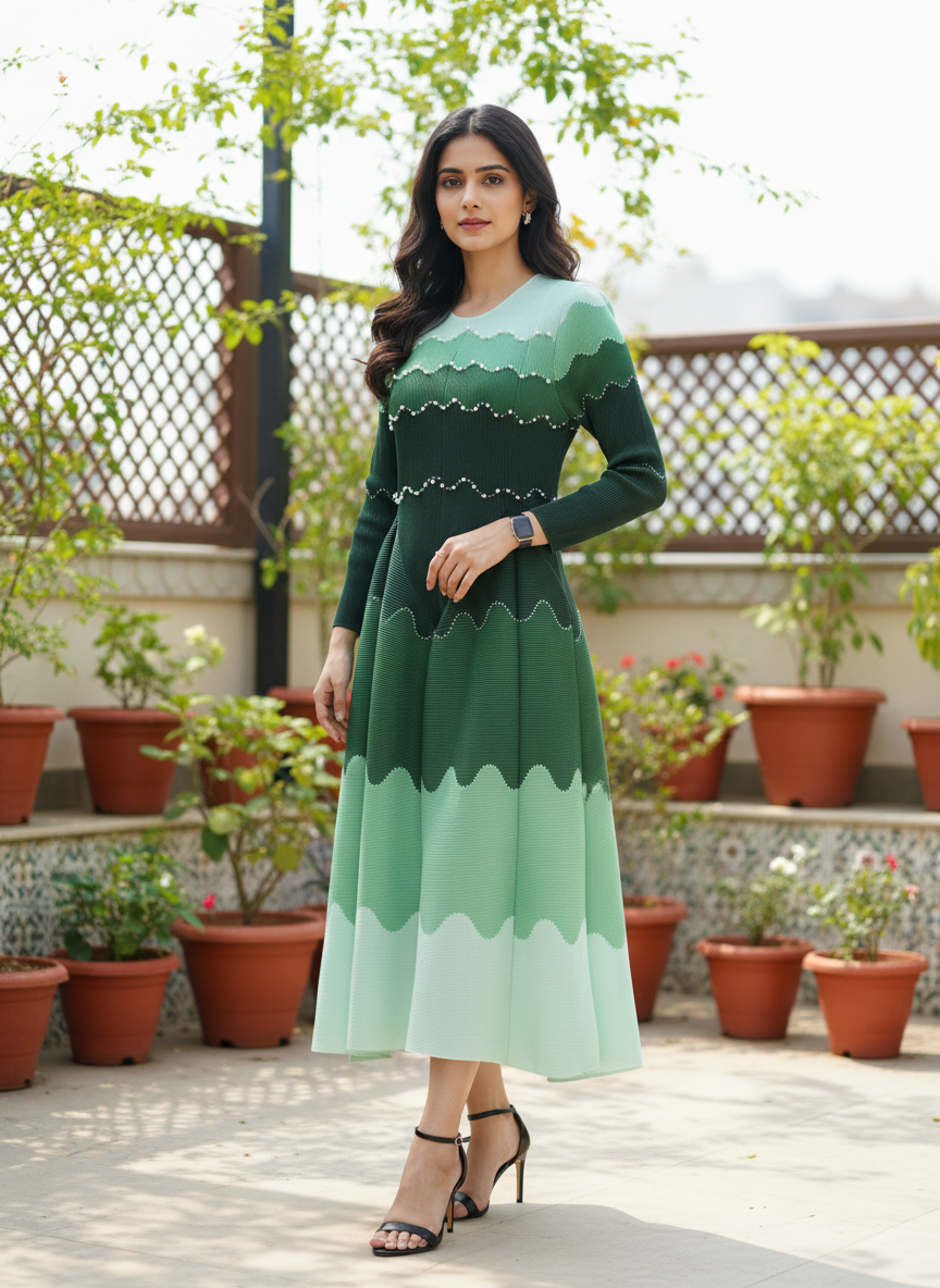 Green Ripple Pleated Midi Dress
