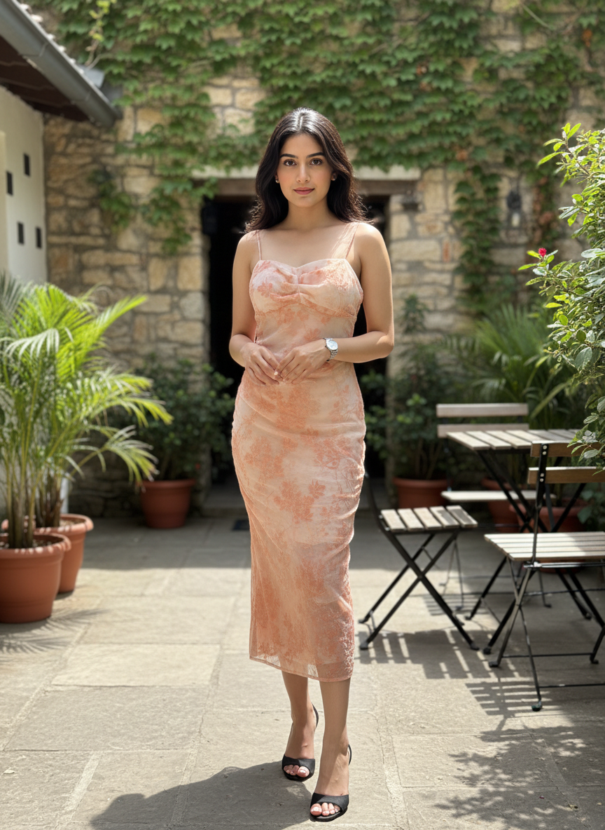 Peach Blossom Lace Midi Dress
