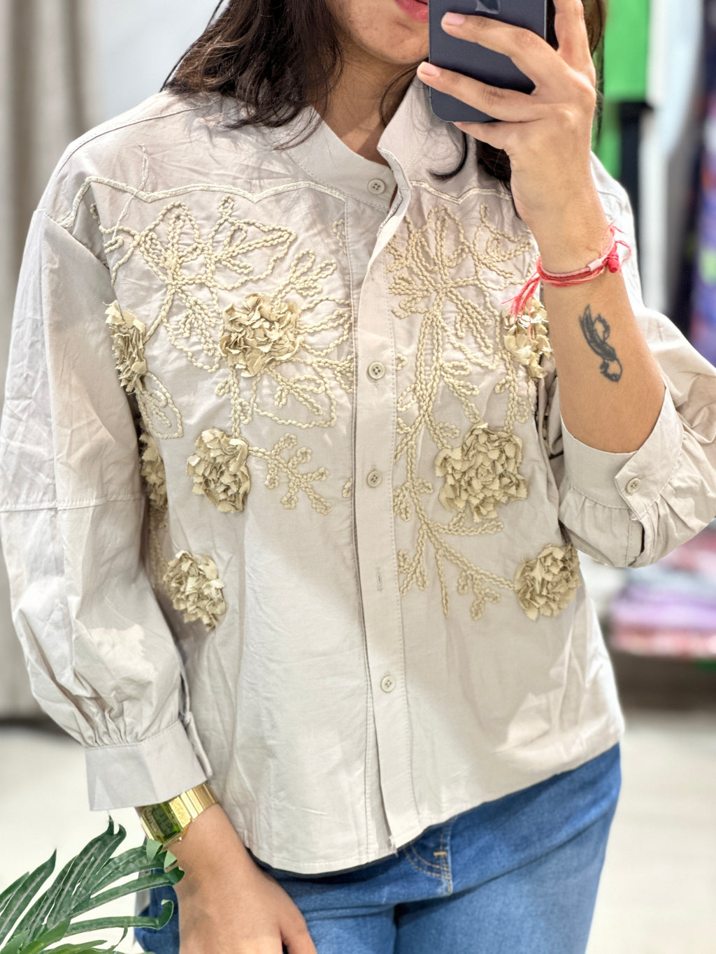 Anahi Flora Shirt- Coastal Grey