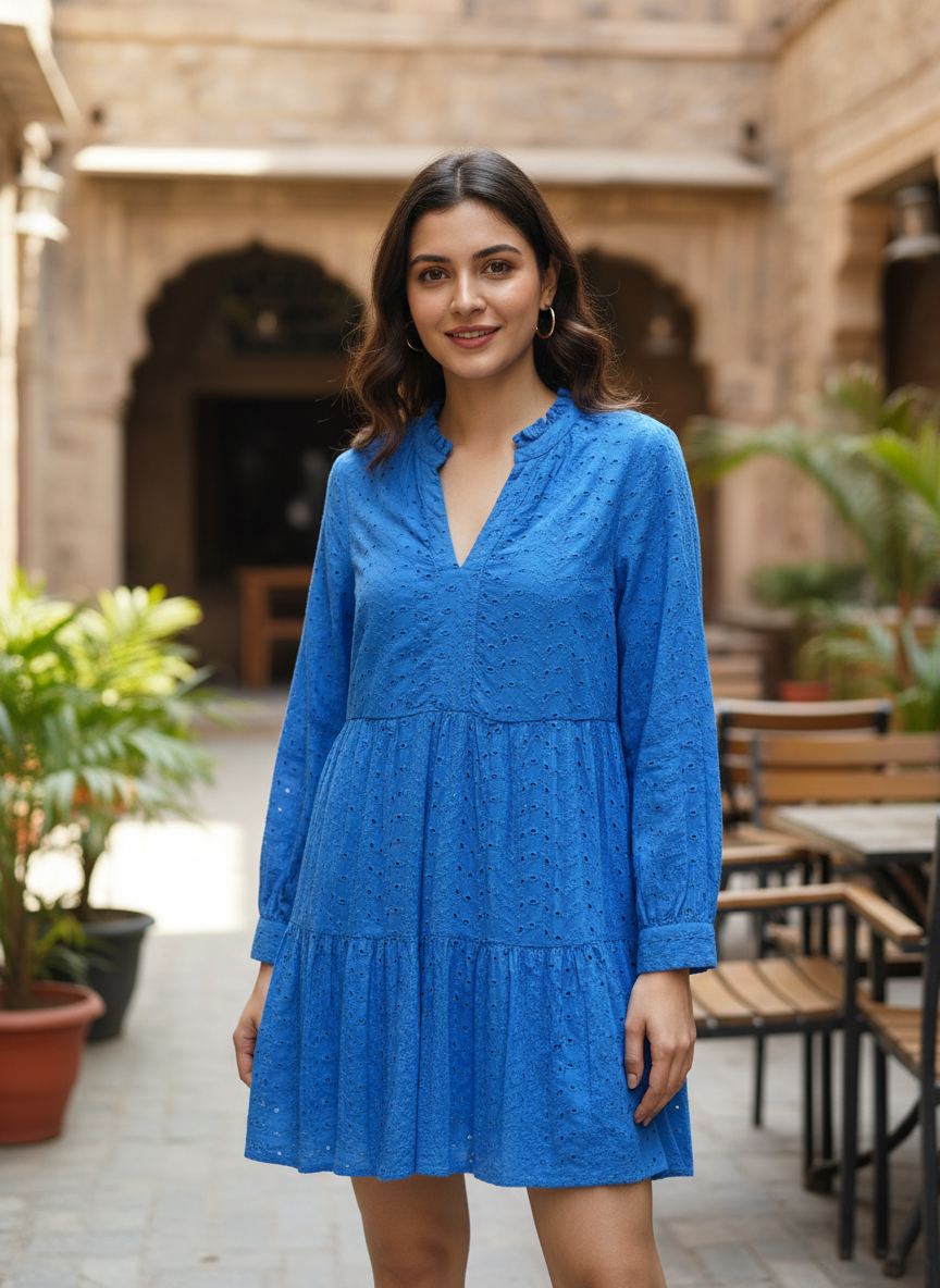 Cobalt Blue Eyelet Tiered Mini Dress