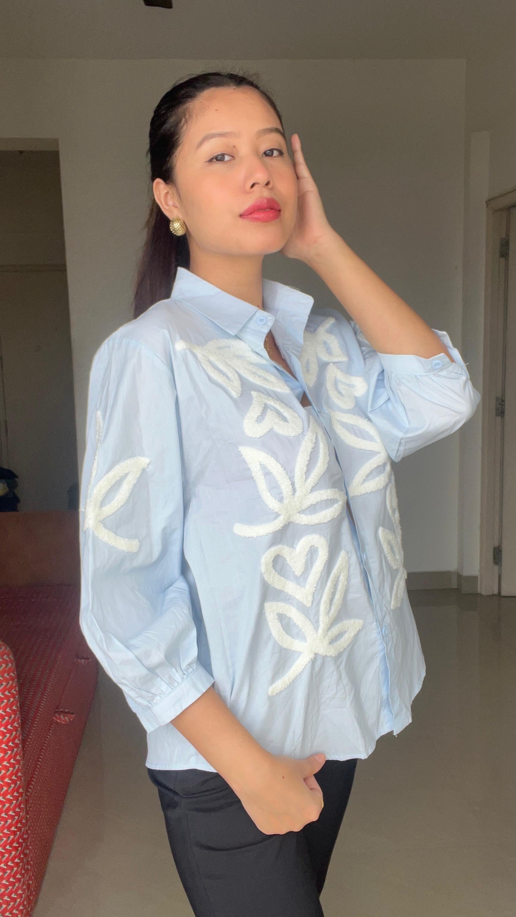 Ice Blue Textured Appliqué Shirt