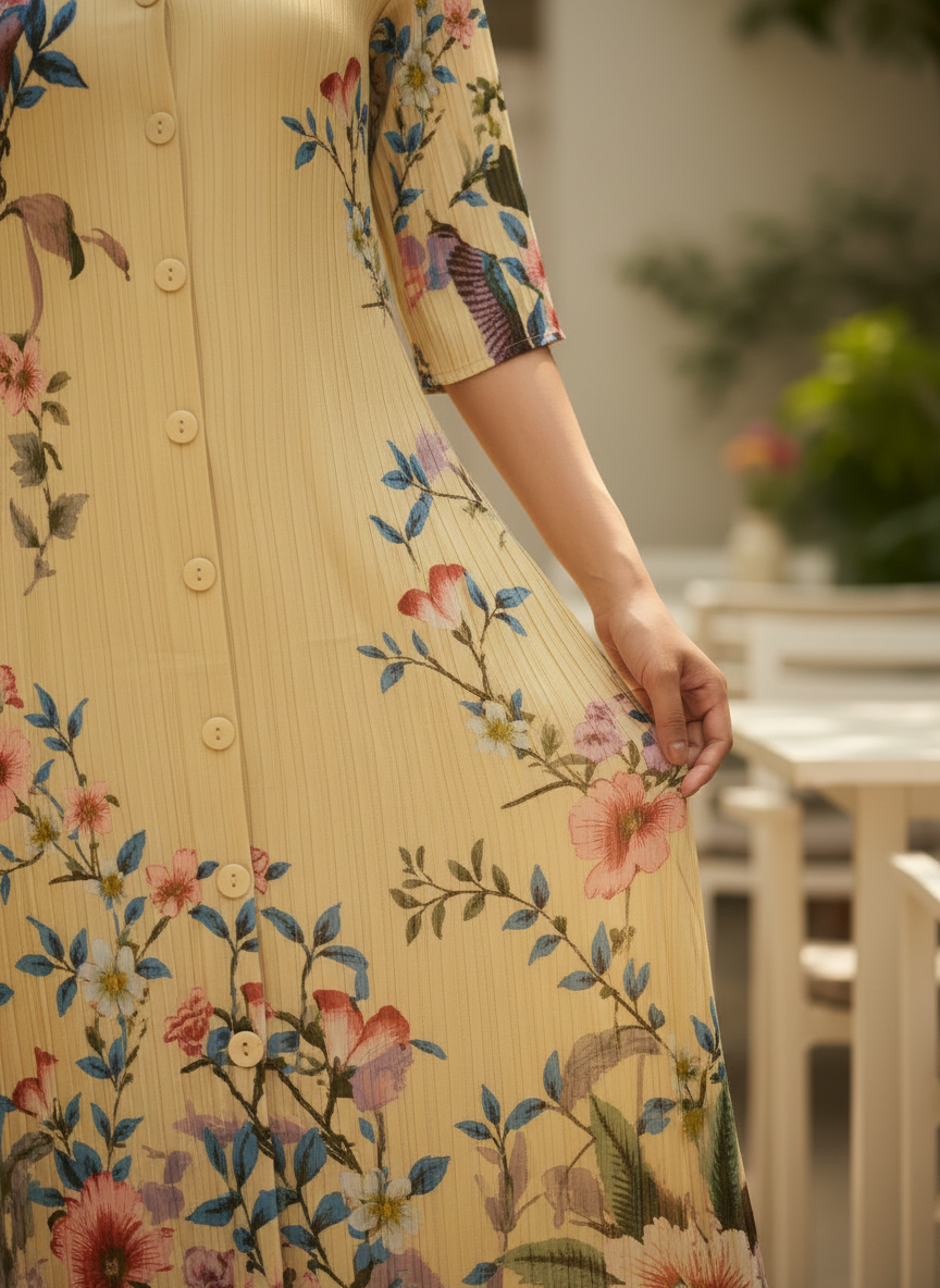 Floral Pleated Dress- Butter Yellow