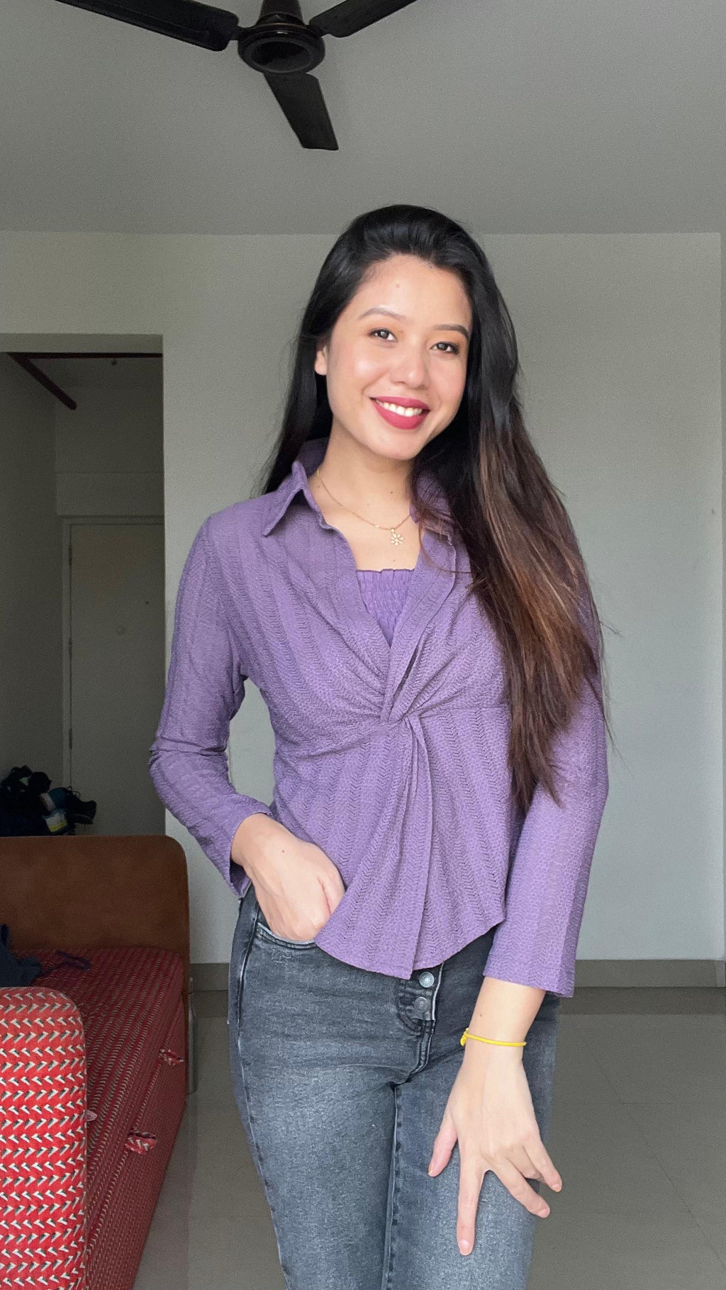 Women’s Front-Twist Textured Peplum Shirt with Inner Camisole