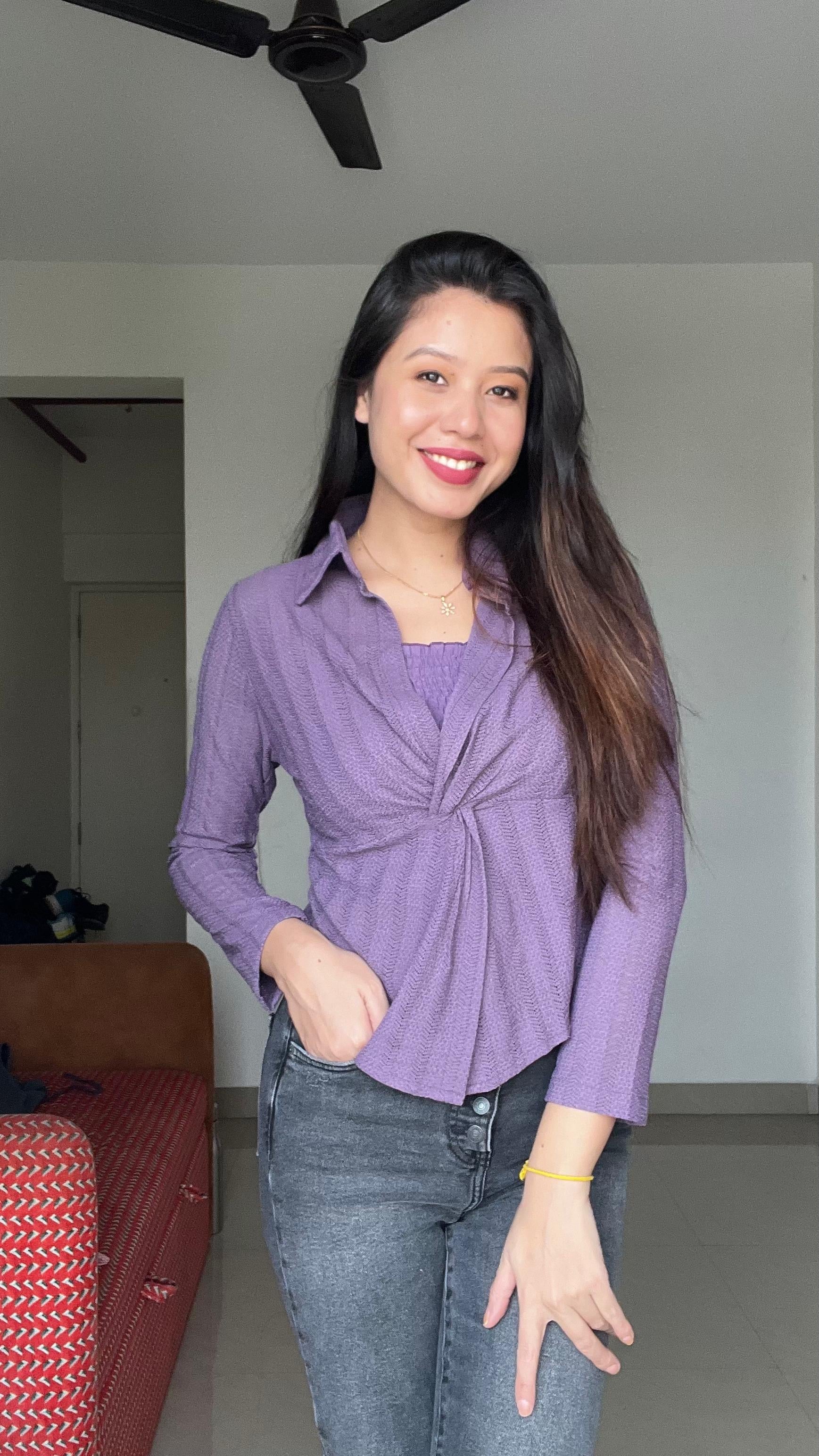 Women’s Front-Twist Textured Peplum Shirt with Inner Camisole