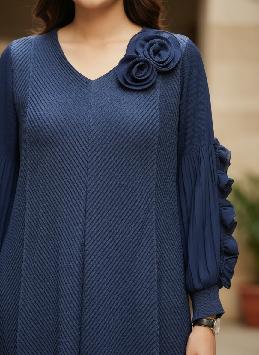 Marine Rosette Accent Pleat Dress