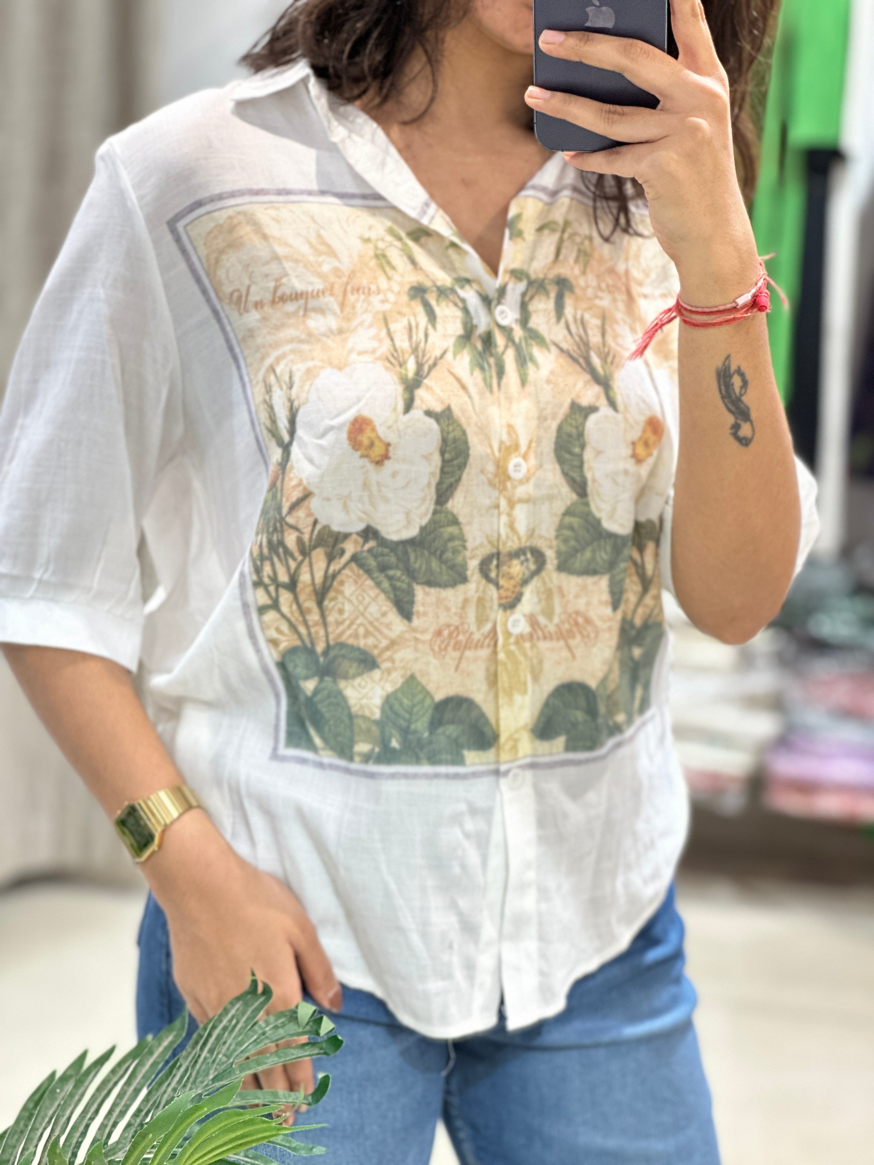White Floral Linen Shirt