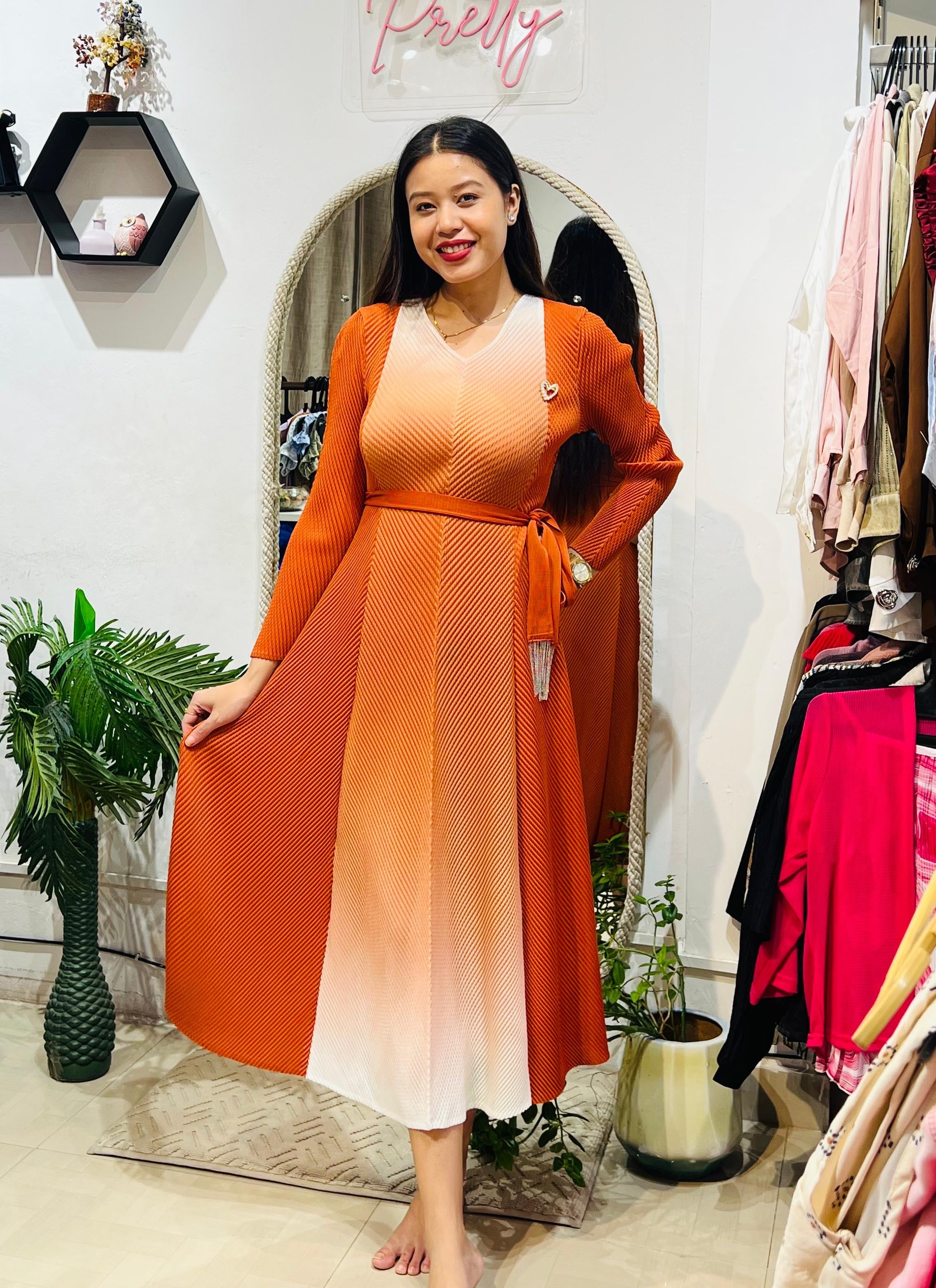 Ember Glow Ombré Pleated Midi