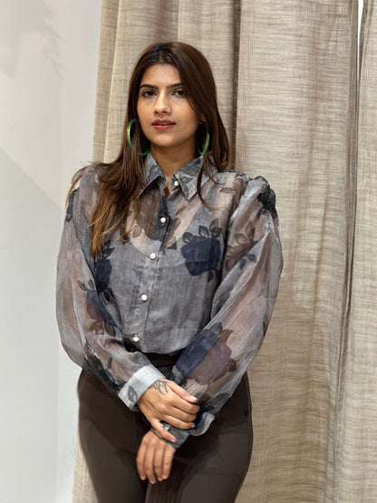 FLORAL ORGANZA SHIRT- GREY