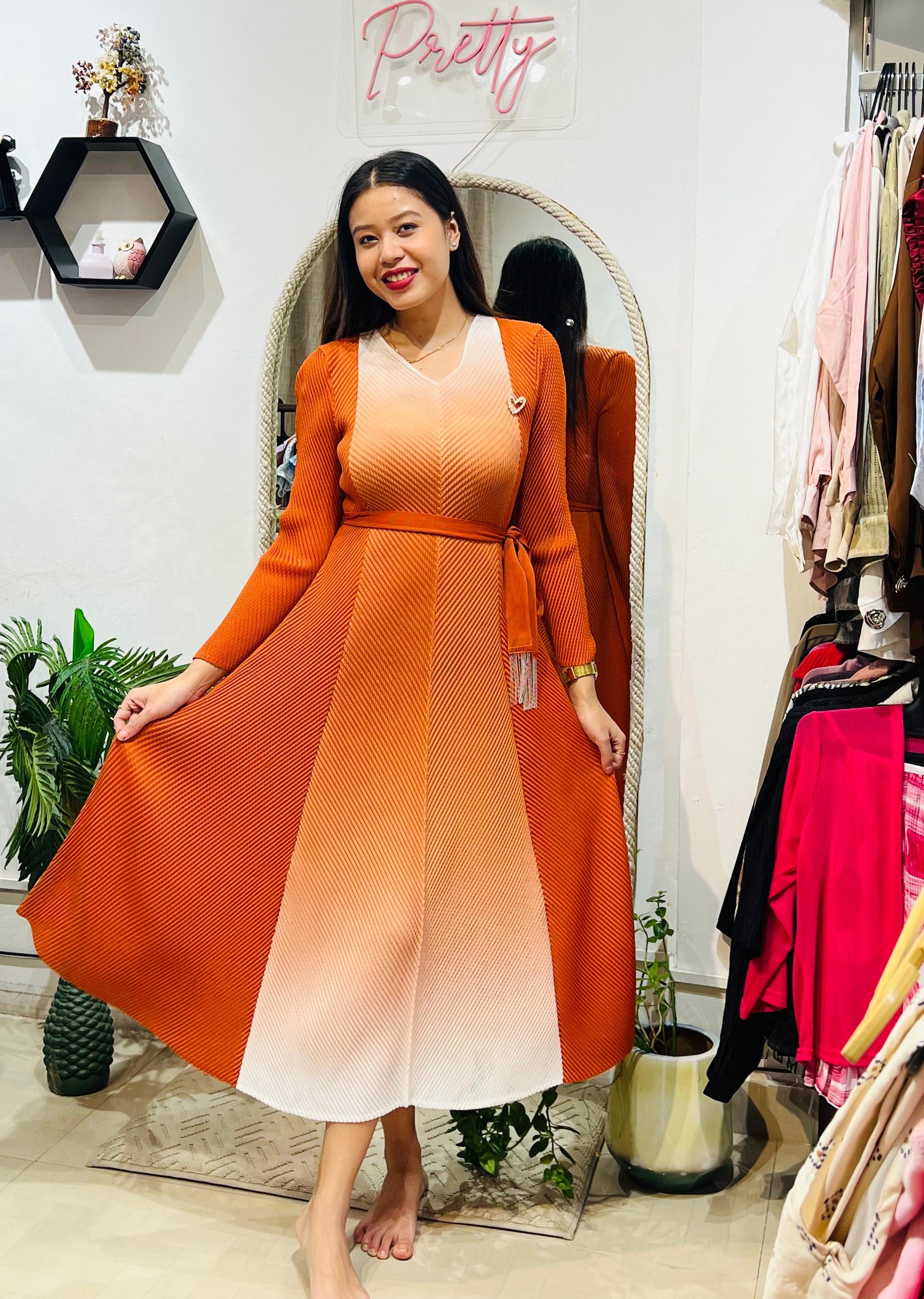 Ember Glow Ombré Pleated Midi