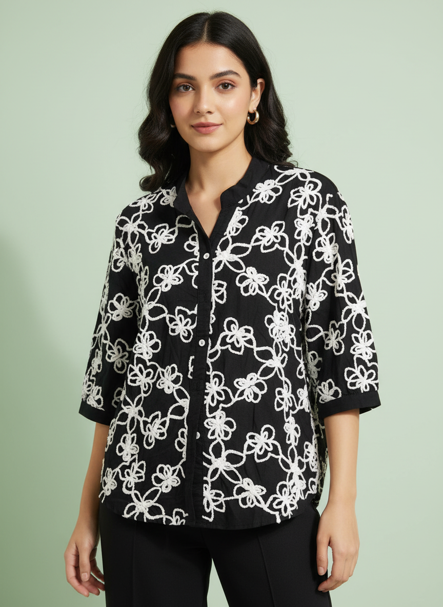 Black Embroidered Button-Down