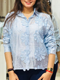 Petal-Soft Sky Blue Sheer Button-Down