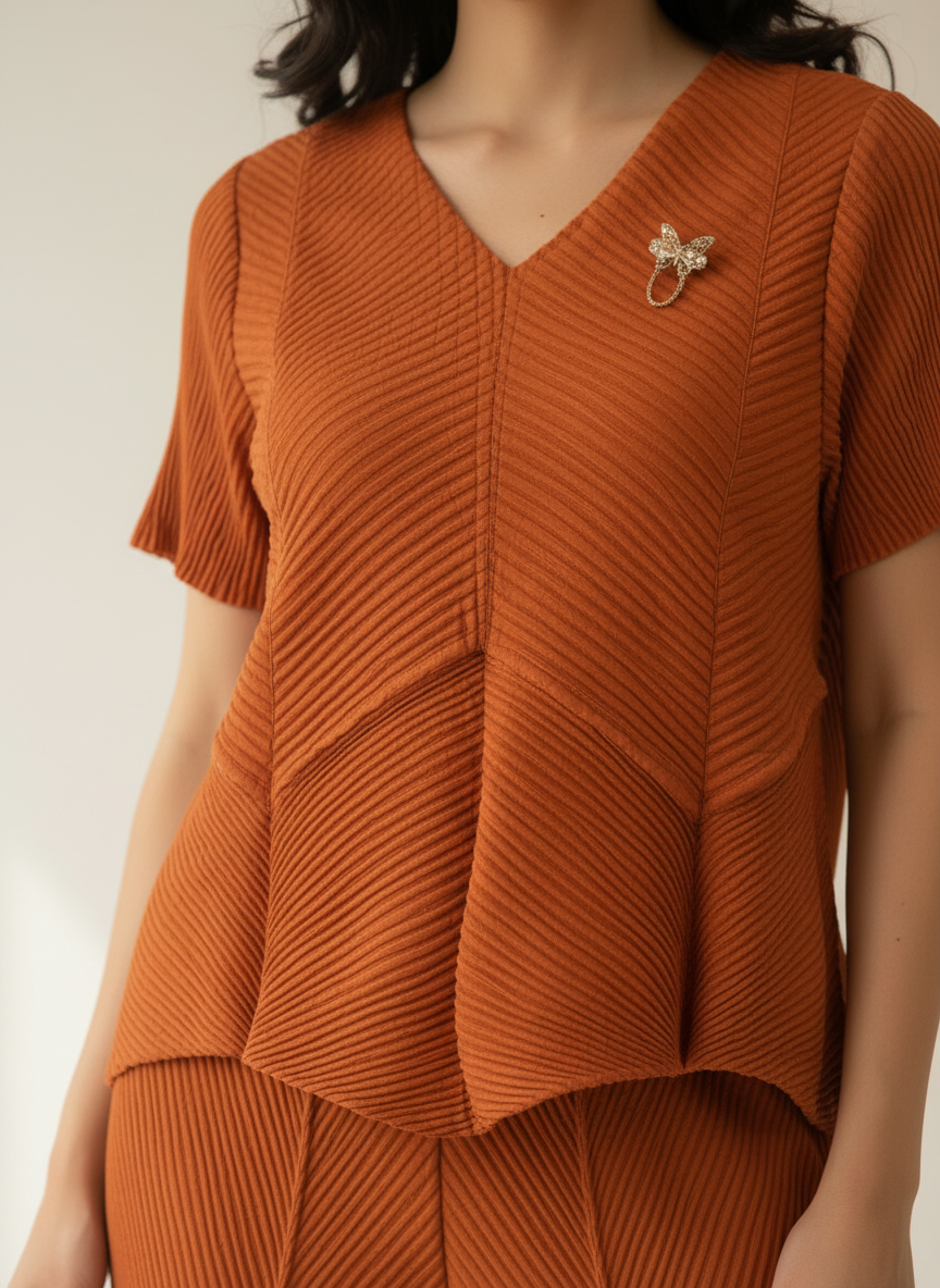 Rust Peplum Pleated Set