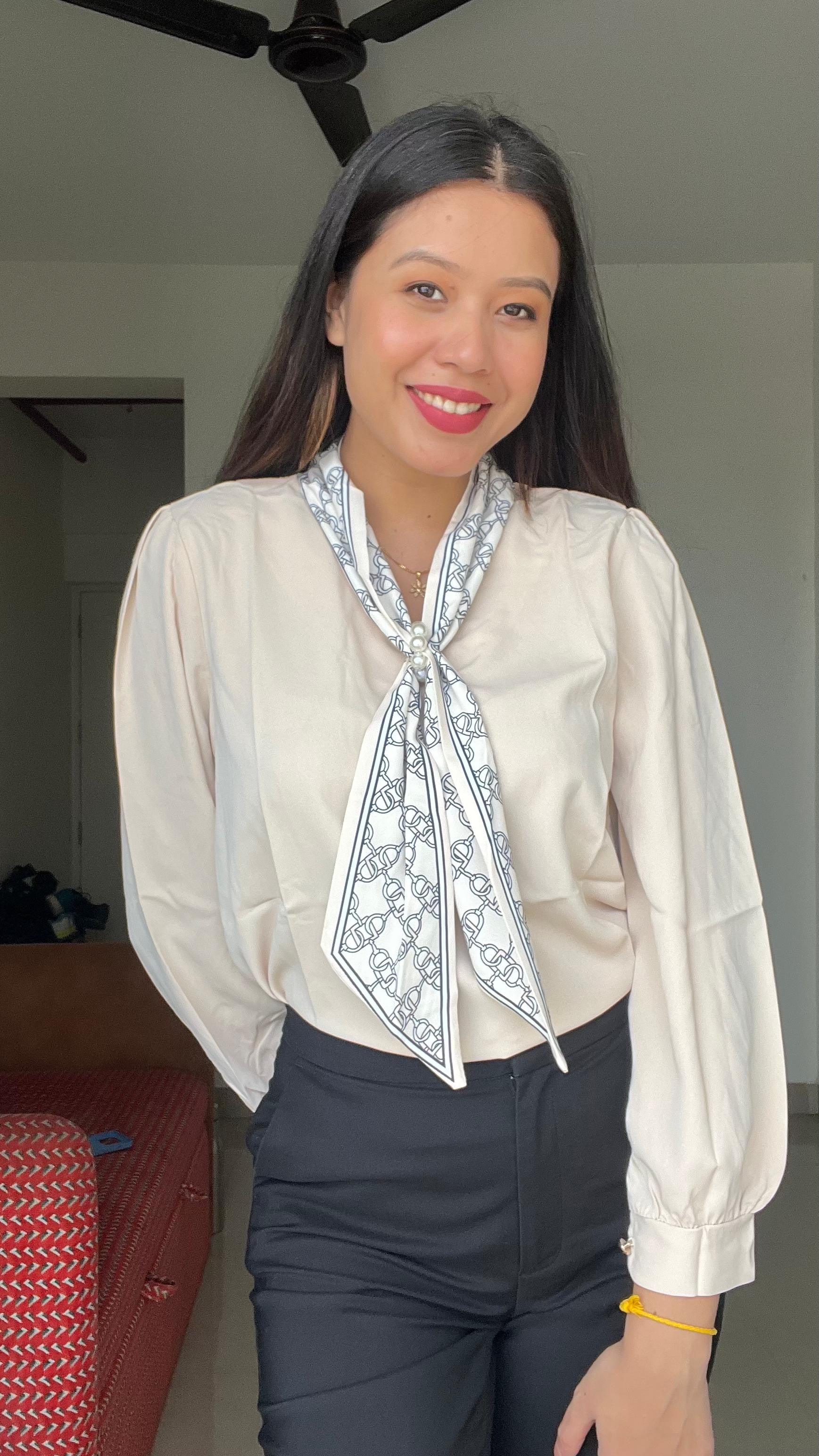 Women's Scarf-Tie V-Neck Blouse with Pearl Brooch Detail