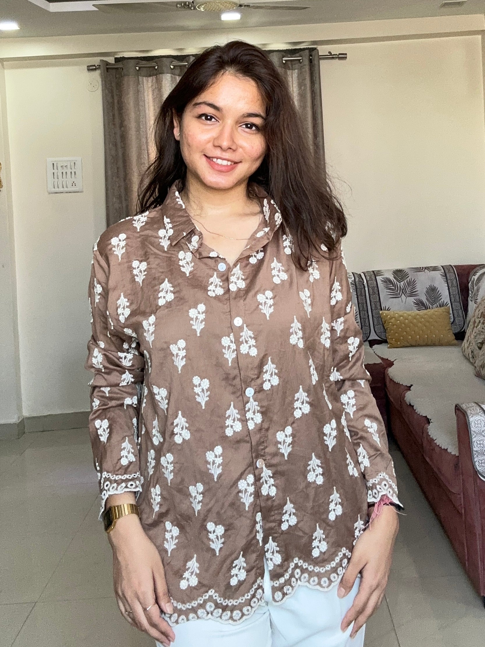 Cocoa Bloom Linen-Silk Shirt