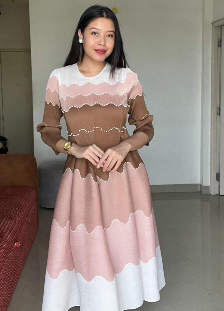 Brown Ripple Pleated Midi Dress