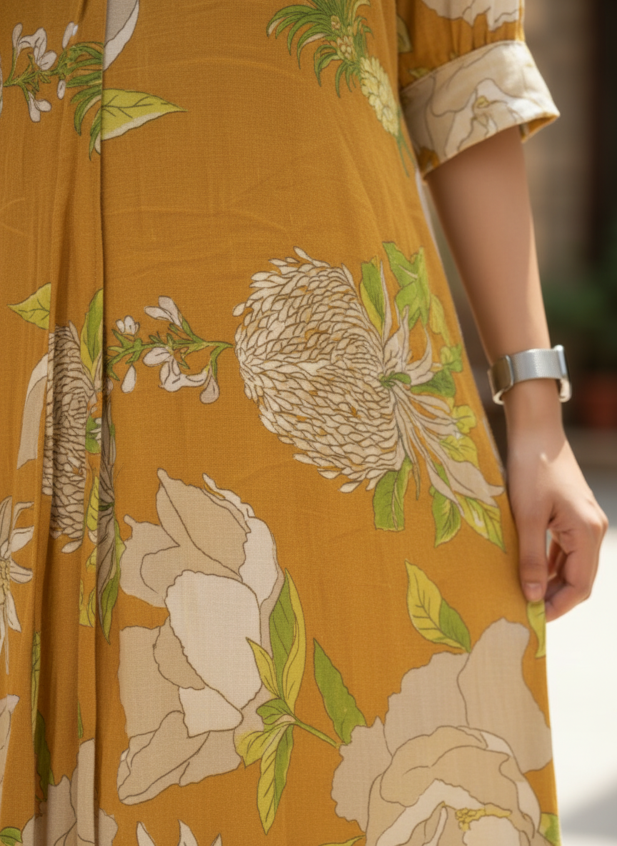 Sun-Drenched Mustard Floral Midi Dress