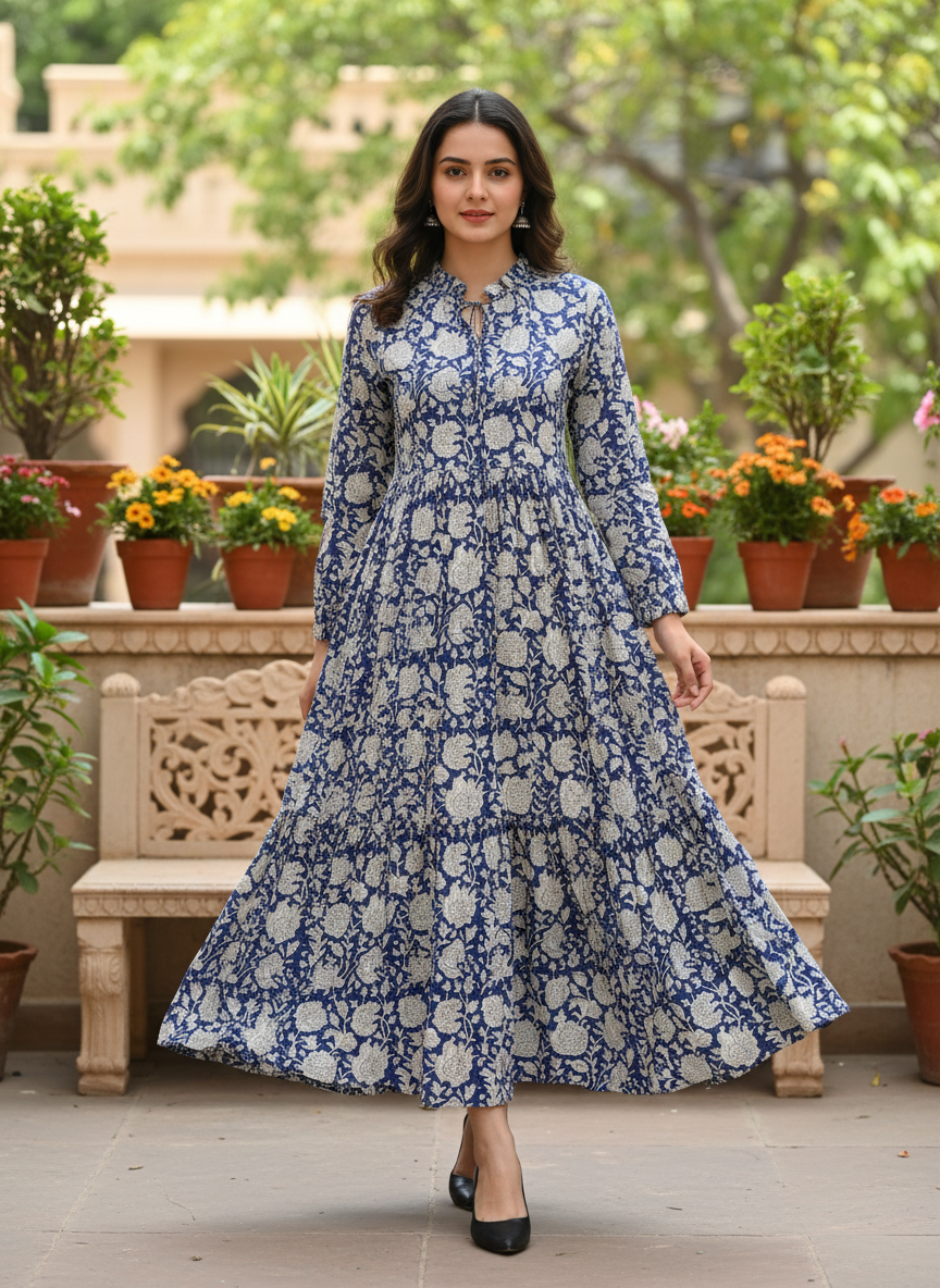 Indigo Botanical Smocked-Collar Gown