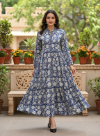 Indigo Botanical Smocked-Collar Gown