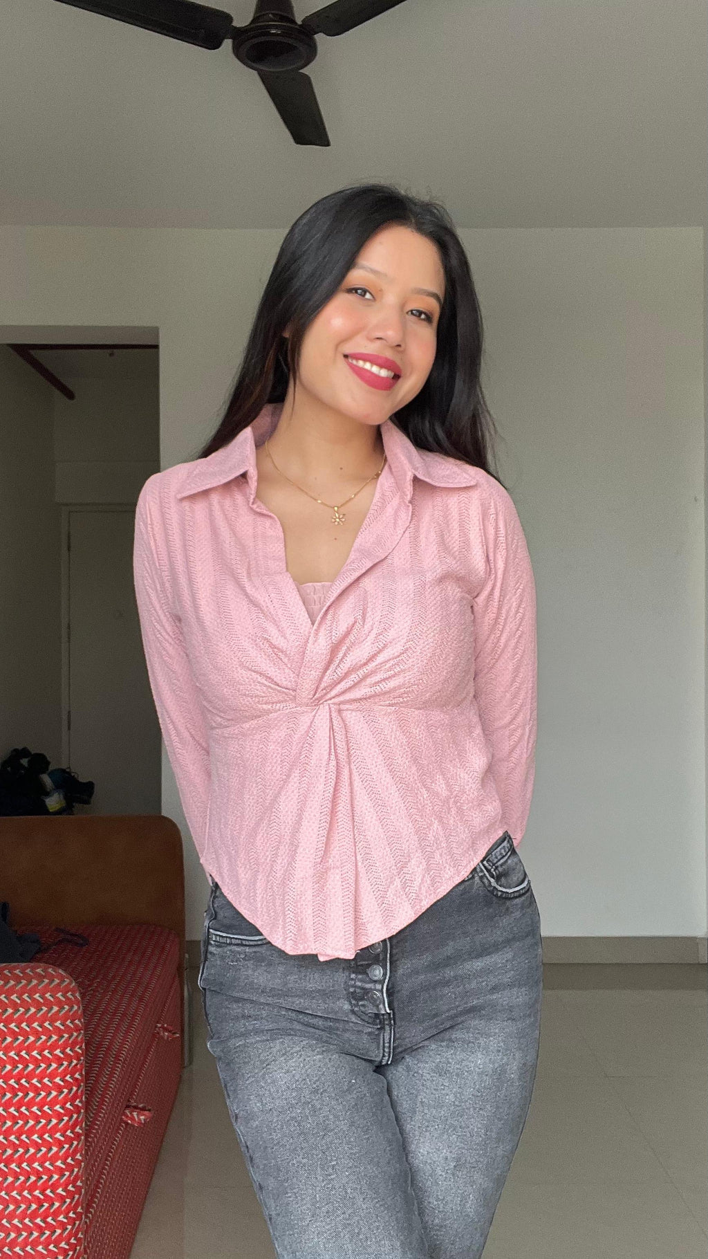 Women’s Front-Twist Textured Peplum Shirt with Inner Camisole