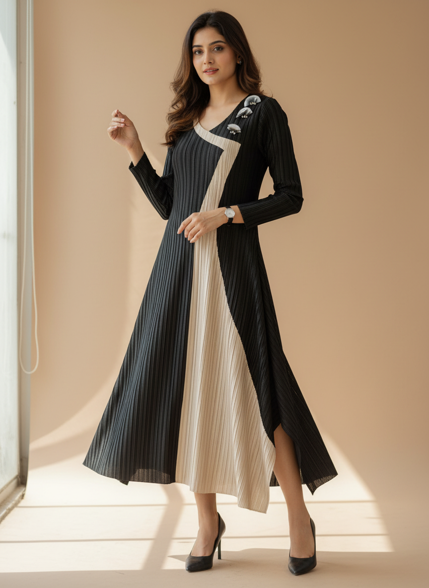 Monochromatic Contrast Pleated Midi – Onyx & Sand